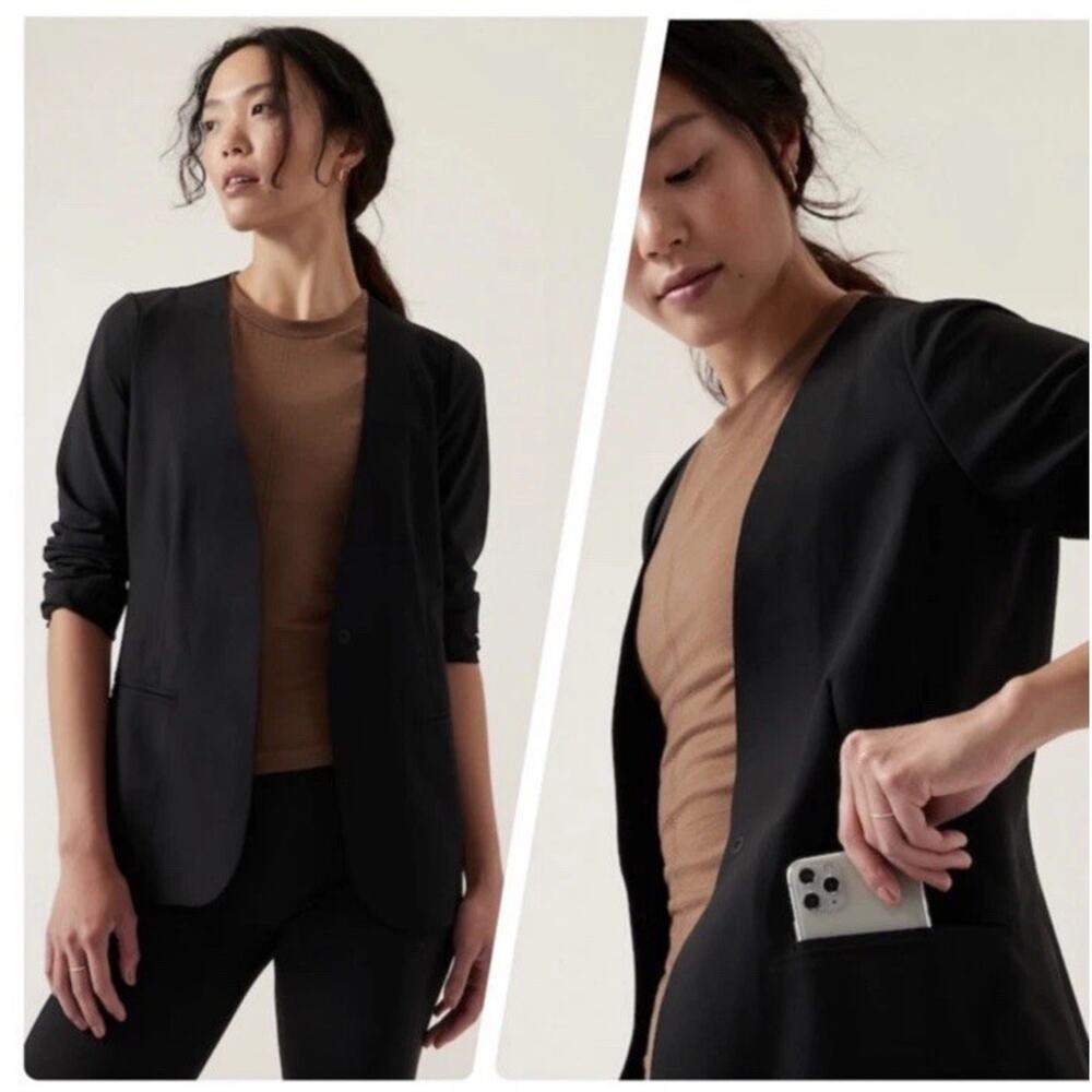 Athleta Avenue Blazer Black Career Office One Snap Pockets Commuter Womens 16
